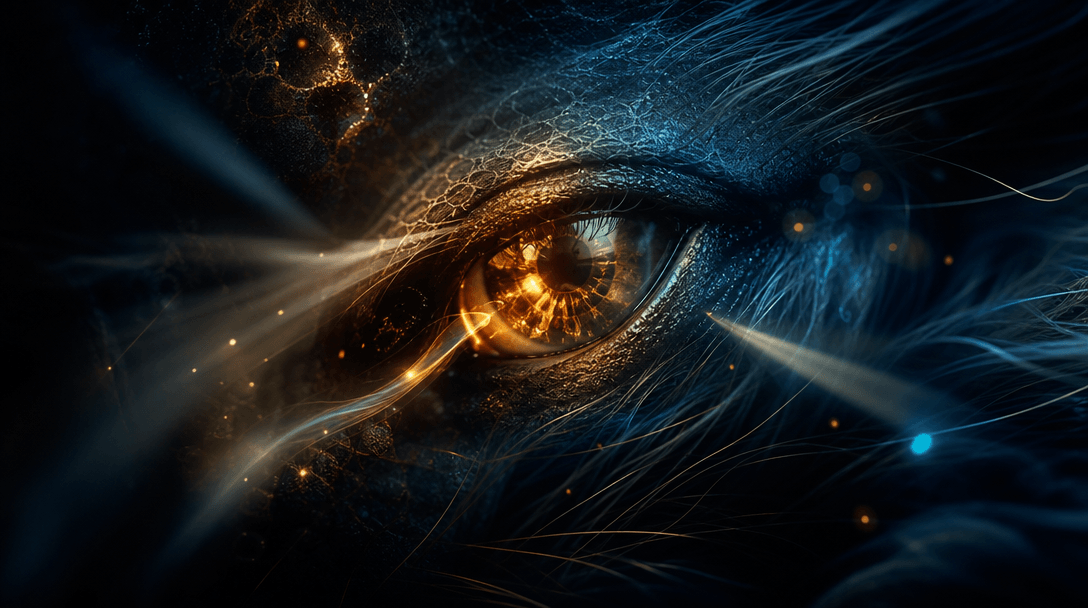 Close abstract arrangement of an expressive eye, strands of fur, skin texture and a distinctive color palette connected 