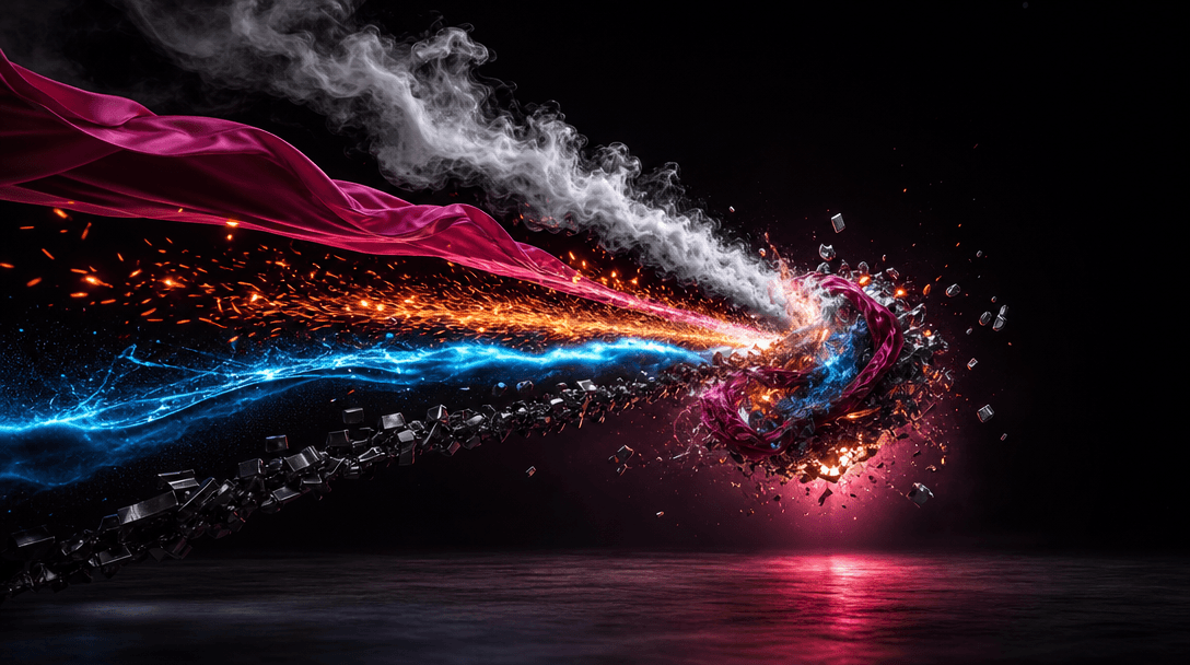 Four distinct energy trails sweeping across a dark studio stage and converging into one polished heroic composition, wit