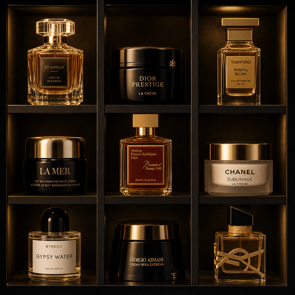 Nine luxury beauty items in tic-tac-toe layout, mix of perfume bottles and skincare jars, warm golden lighting creating 