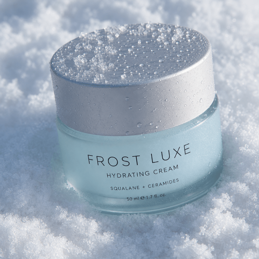 A close-up of a beauty product on fresh winter snow, highlighting the texture and details of the product against the sno