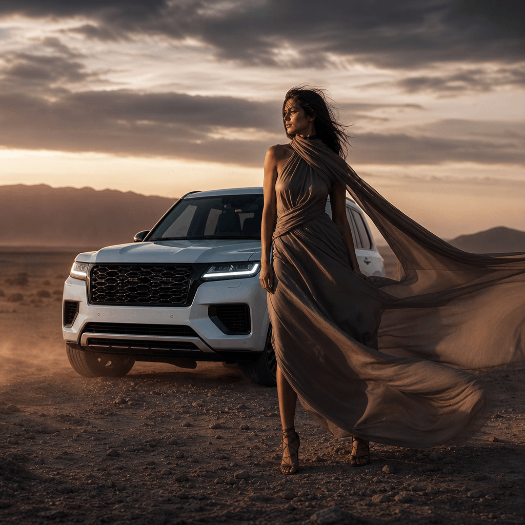 Anonymous model posed near a white luxury SUV in a stark desert landscape at dusk, dark editorial color grade, sculptura