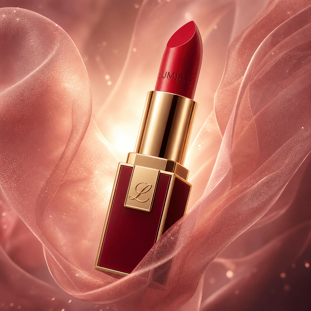 Depict a luxurious lipstick tube floating in a delicate veil, with a focus on the product's vibrant color and texture, s