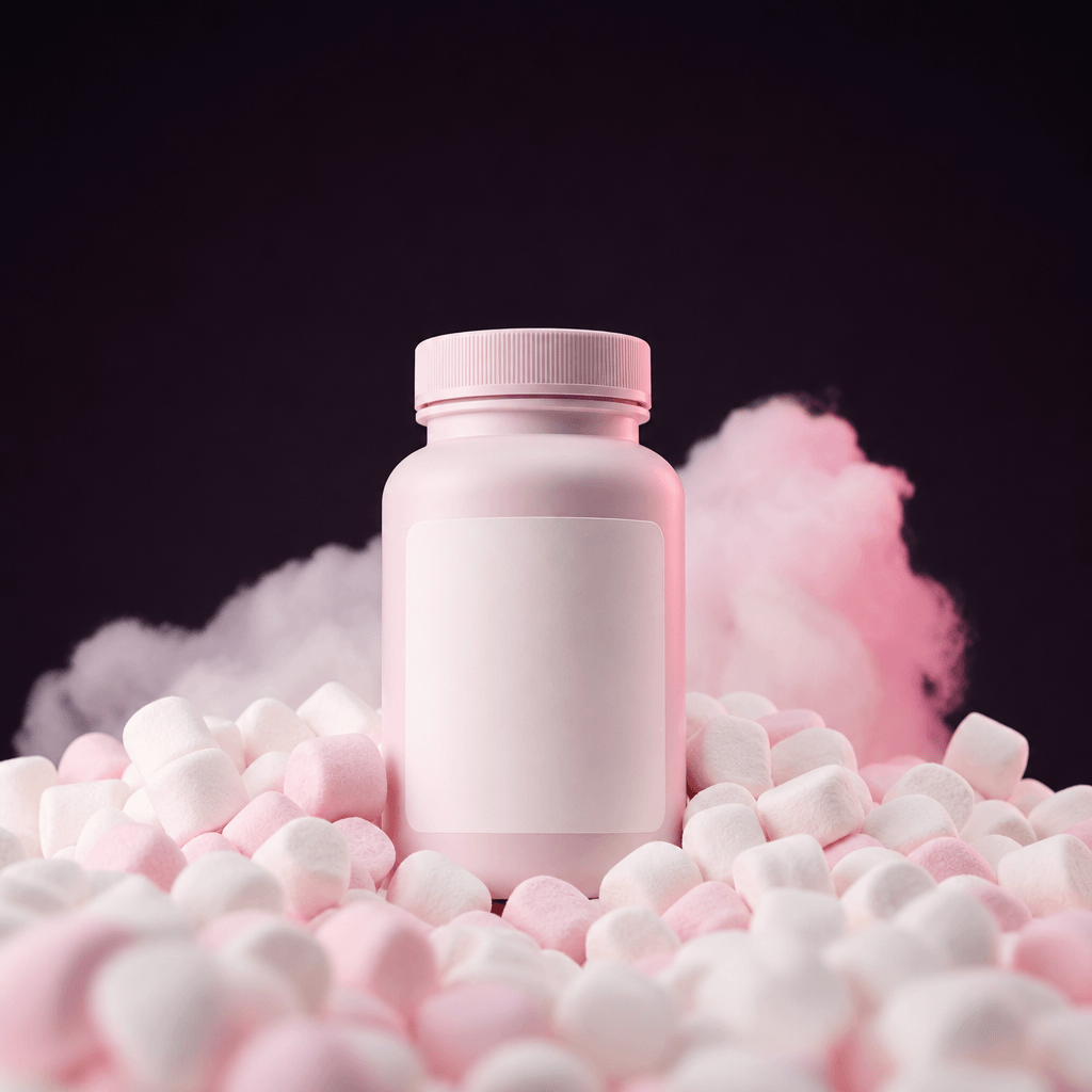 A pastel wellness supplement bottle emerging from a cloudlike field of miniature marshmallows, sculptural arrangement, d