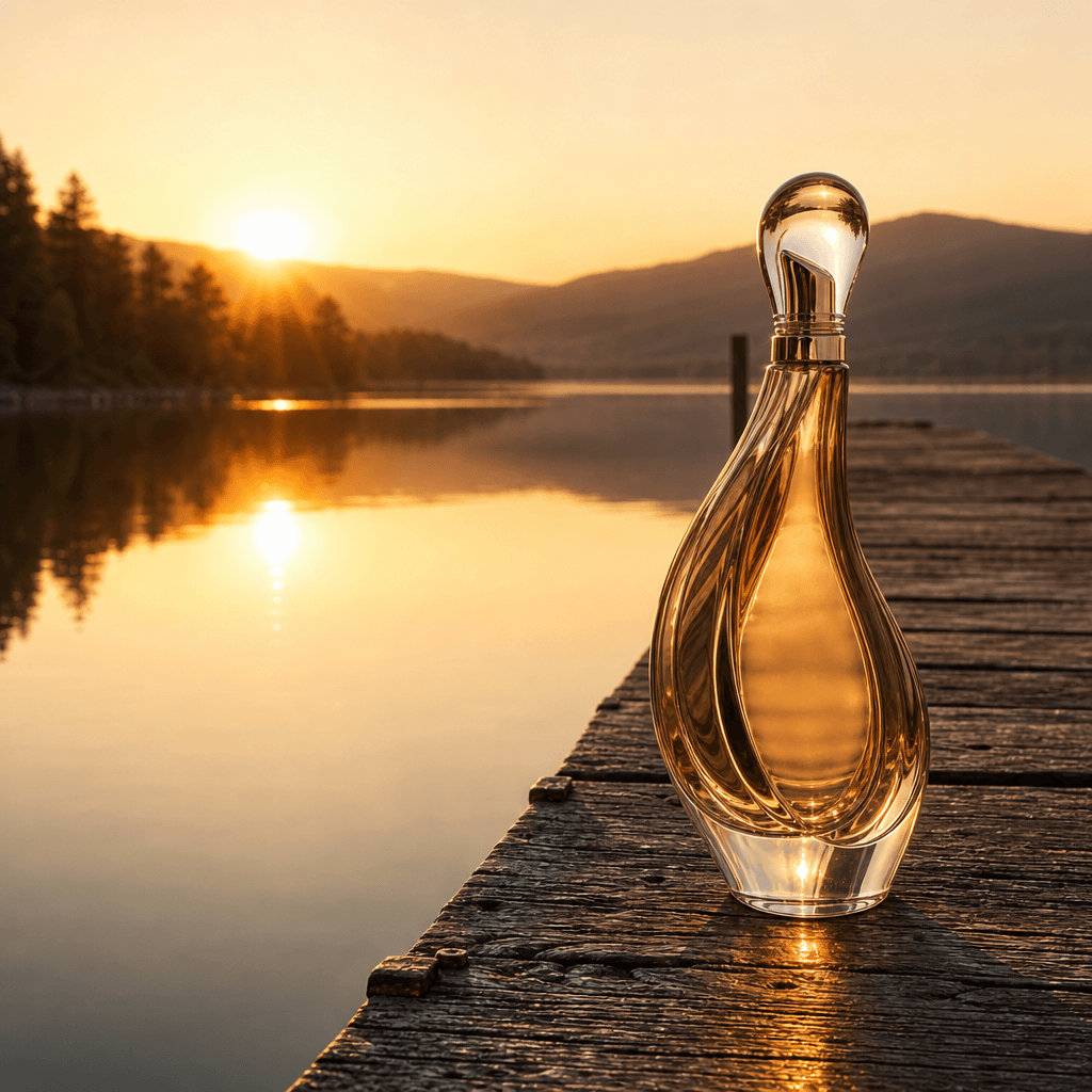 A sculptural glass perfume bottle standing on a weathered wooden dock extending over a calm still lake, golden-hour back