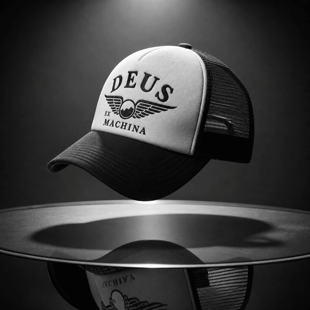 Vintage mesh trucker snapback cap suspended above a reflective dark glass surface, dramatic overhead spotlight casting a