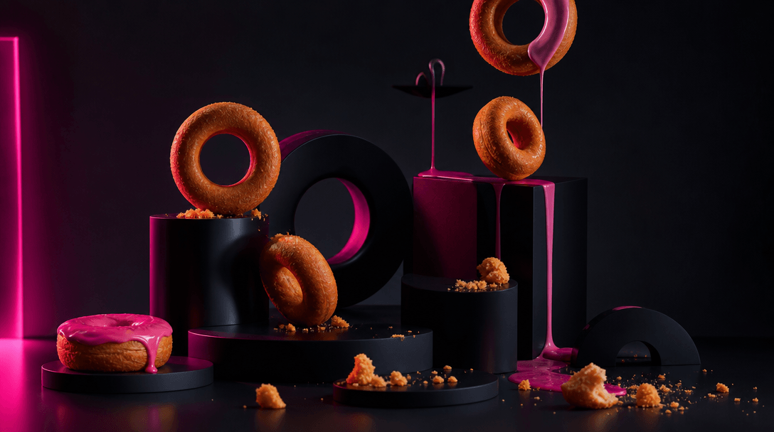 A deconstructed commercial set made from sculptural donut rings, icing ribbons, crumbs, and polished black platforms arr