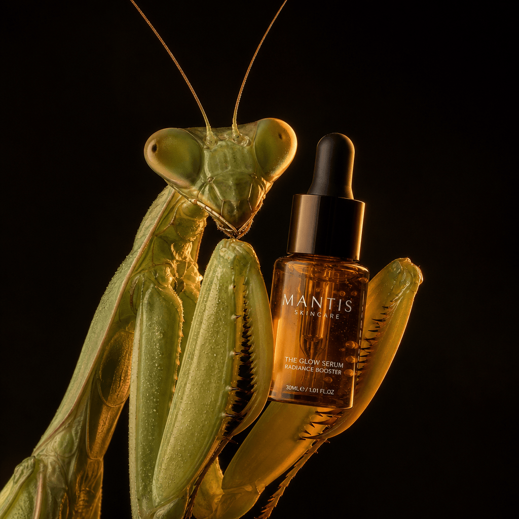 A large praying mantis holding a small amber glass skincare serum bottle between its serrated forelegs, ultra-detailed i