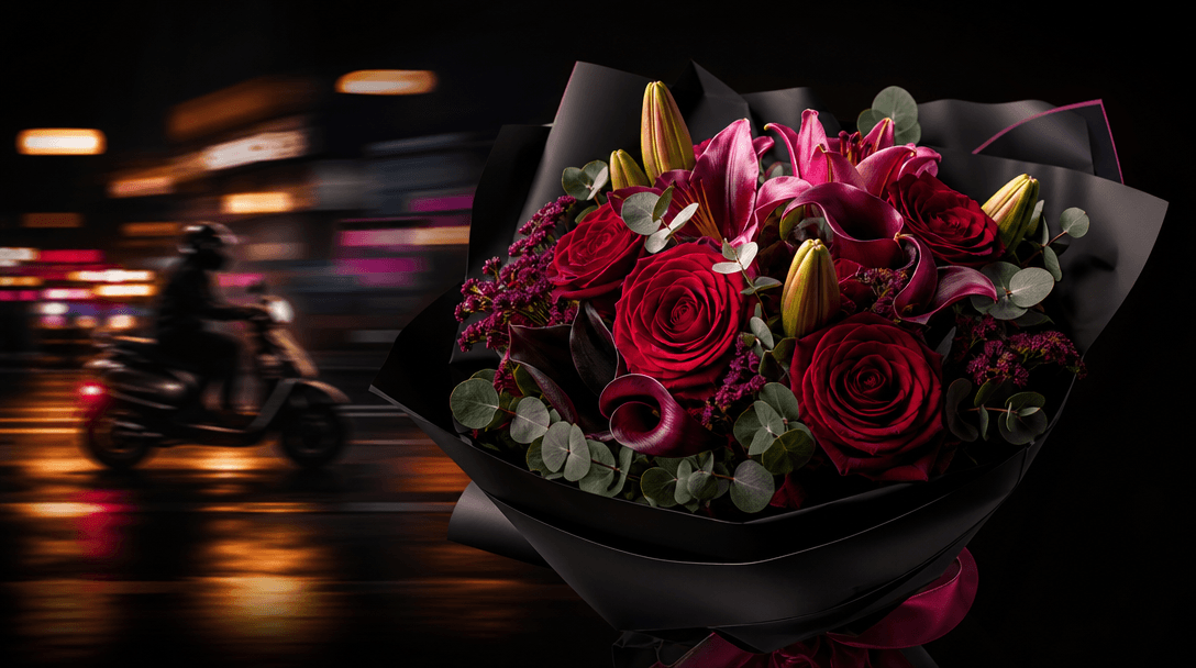 A hero bouquet sharply illuminated in the foreground while an abstract scooter form and city lights dissolve into soft m