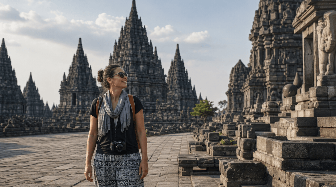 Photorealistic composite: traveler standing naturally in exotic destination. Proper perspective matching, atmospheric de