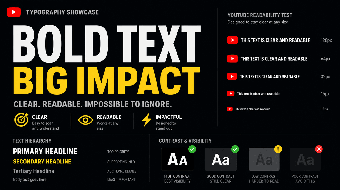 Typography showcase: Bold, clean sans-serif text at multiple sizes and placements, demonstrating YouTube readability at 