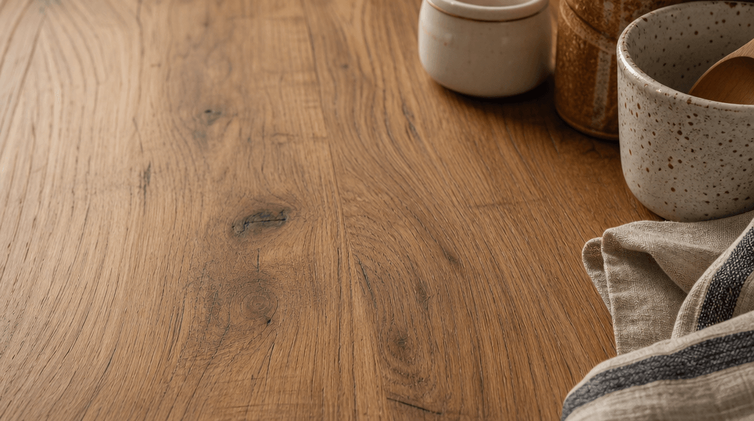 Close-up wood grain texture of kitchen counter surface. Diffused light highlighting natural fiber details. Ceramic objec