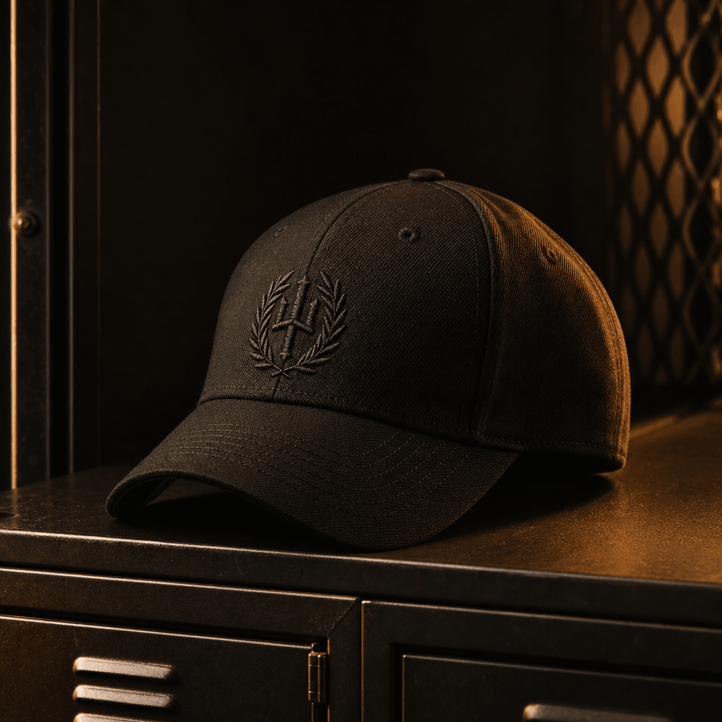 A luxury streetwear cap with clean tonal embroidery resting on a dark metal locker shelf, warm amber rim light catching 