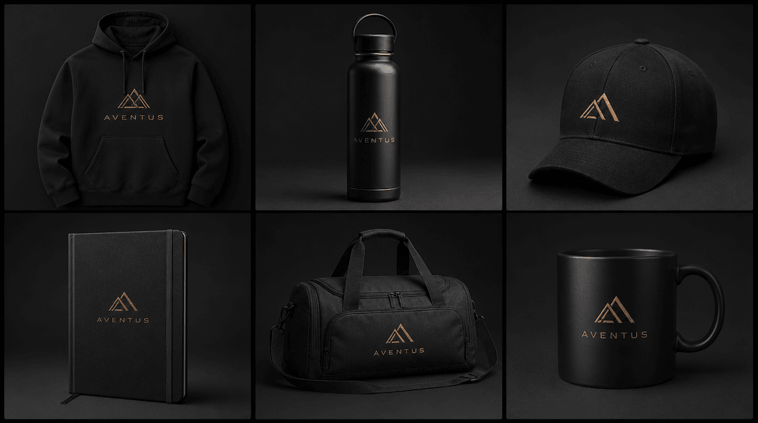 Six different merchandise items arranged in grid layout, professional product styling, studio lighting, brand consistenc