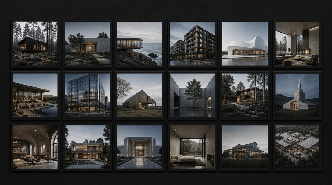 Overhead flat-lay of a curated grid of small architectural render thumbnails — various building typologies, all treated 