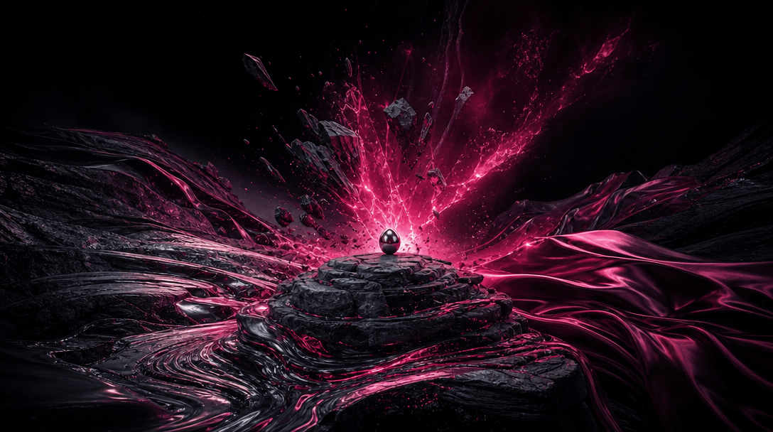 A small polished object triggering a vast transformation across layered stone, liquid metal, and fabric-like terrain, ci