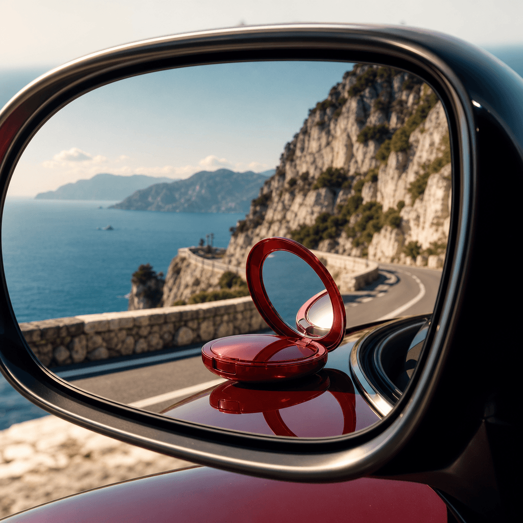 A glossy red compact cosmetic case in a curved car mirror overlooking a sunlit Mediterranean highway, white stone cliffs