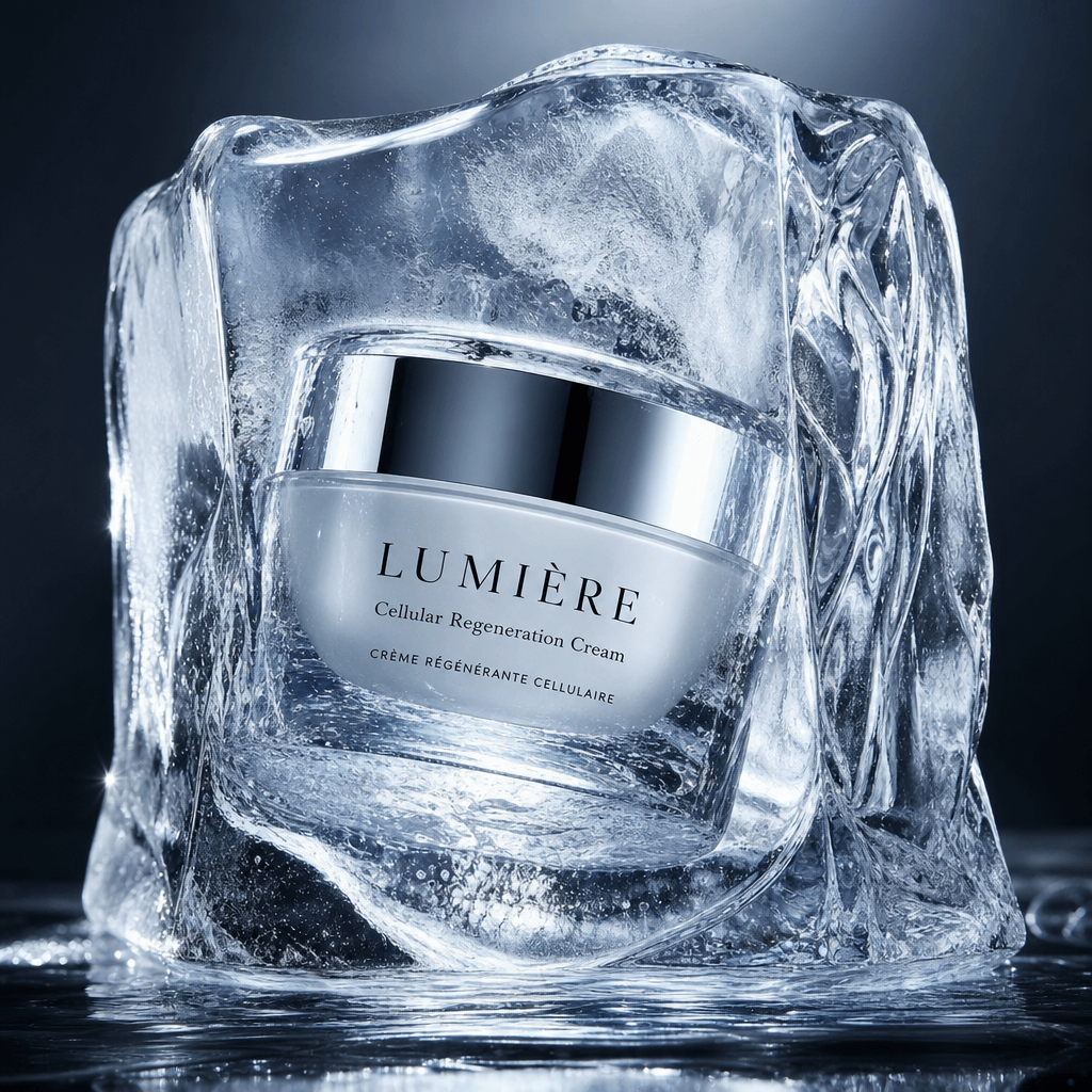 Premium skincare jar frozen in artistic ice sculpture. Studio professional lighting, detailed ice crystal texture visibl