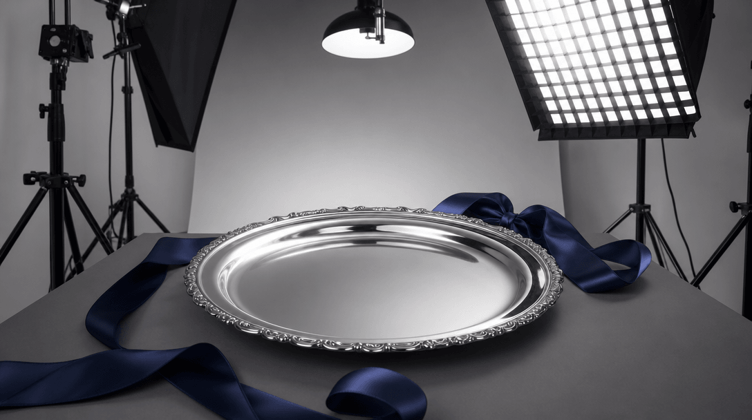 Silver platter studio photography setup with lighting rigs, showing material properties and finish, elegant ribbon arran