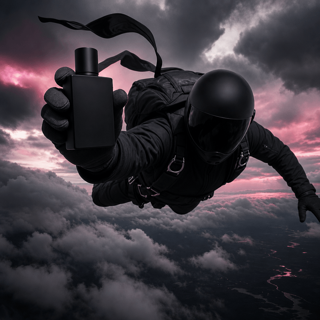 An anonymous skydiver revealing a sleek matte-black fragrance bottle above a stormy cloud layer, straps and fabric movin
