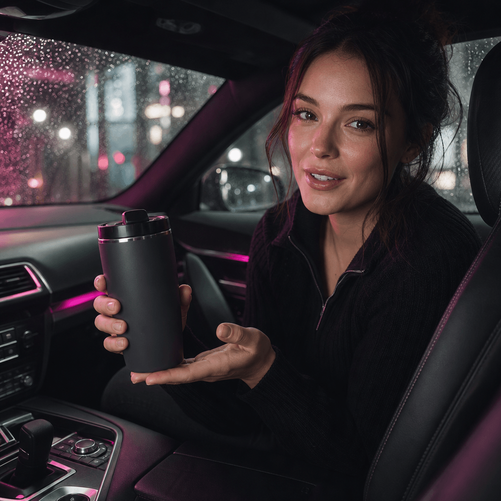 Square product-focused scene inside a dark modern vehicle, showing an unbranded insulated travel cup held beside the cen