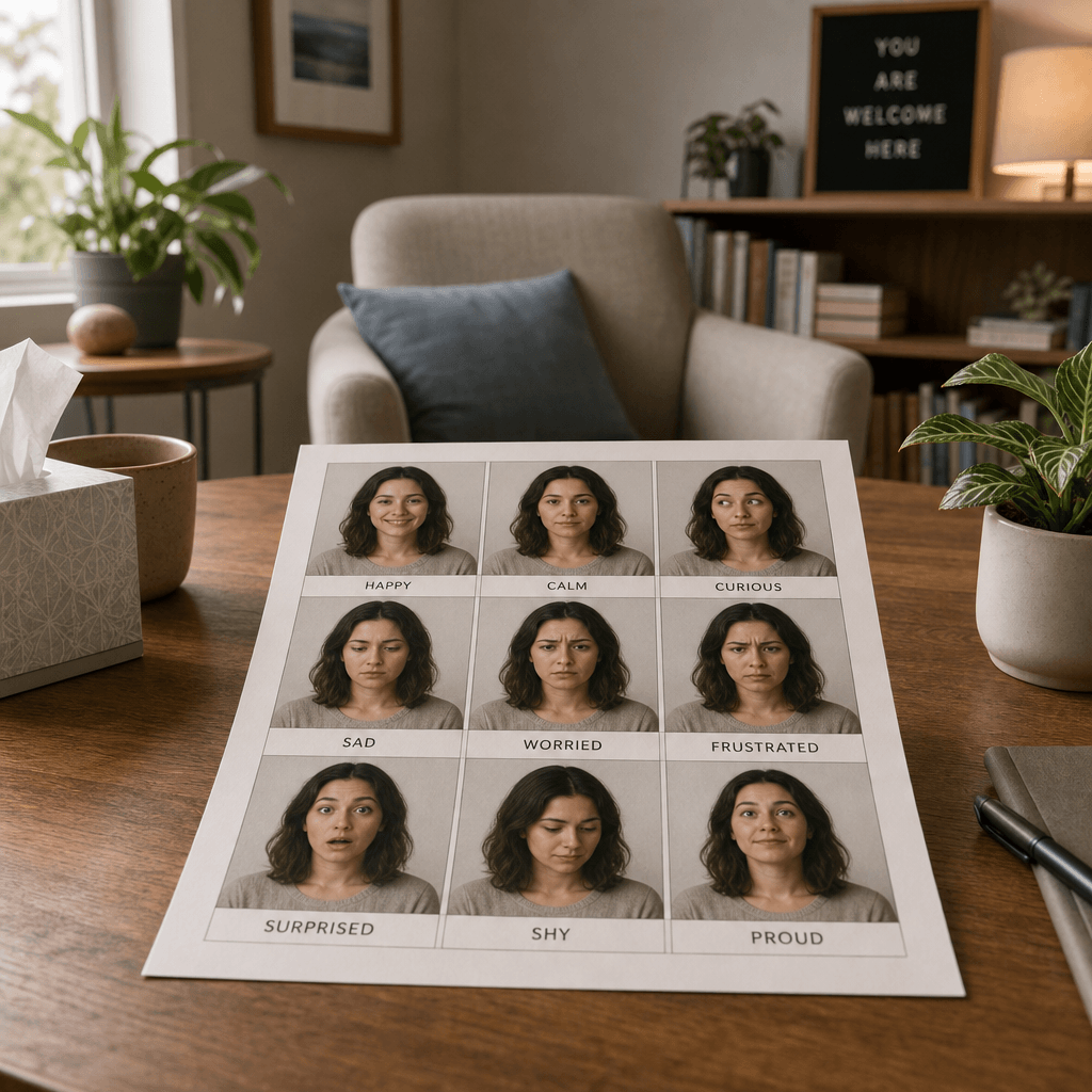 Therapist's office scene with a 3x3 emotion expression reference printed on soft wooden table, calm muted color palette,