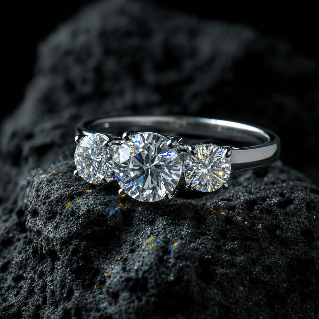 Platinum three-stone diamond ring on dark volcanic stone surface, cool directional side lighting creating prismatic disp