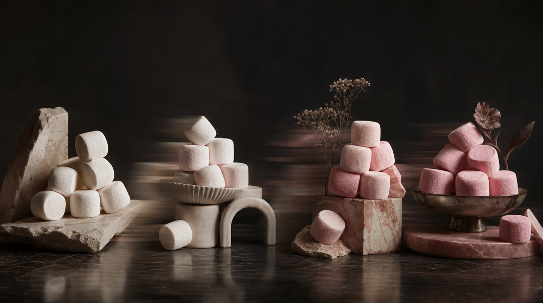 Four distinct marshmallow still-life arrangements transitioning across one wide cinematic scene, shifting from ivory to 