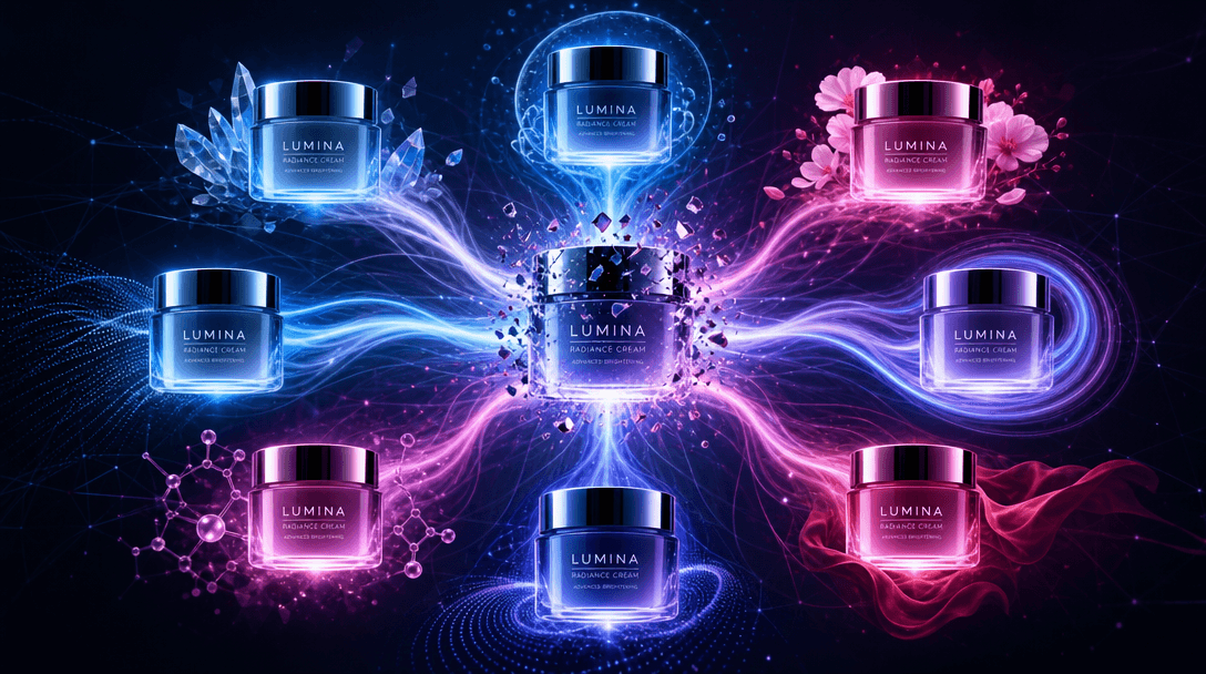 Visual transformation concept: single product image fragmenting into eight distinct versions radiating outward, flowing 