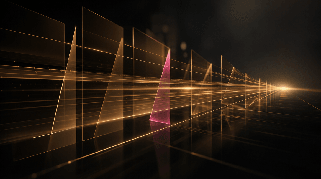 Abstract data visualization rendered as glowing geometric planes and converging light paths on deep dark background, war