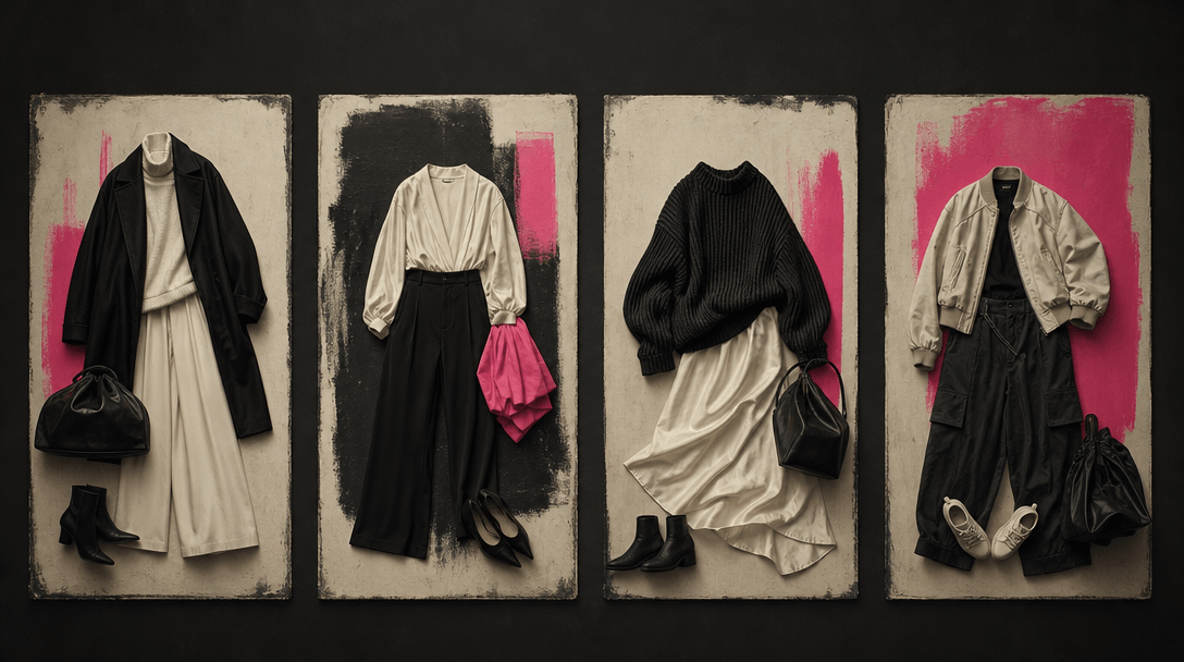 Four coordinated outfit arrangements presented as an abstract campaign series across a dark studio wall, each using diff
