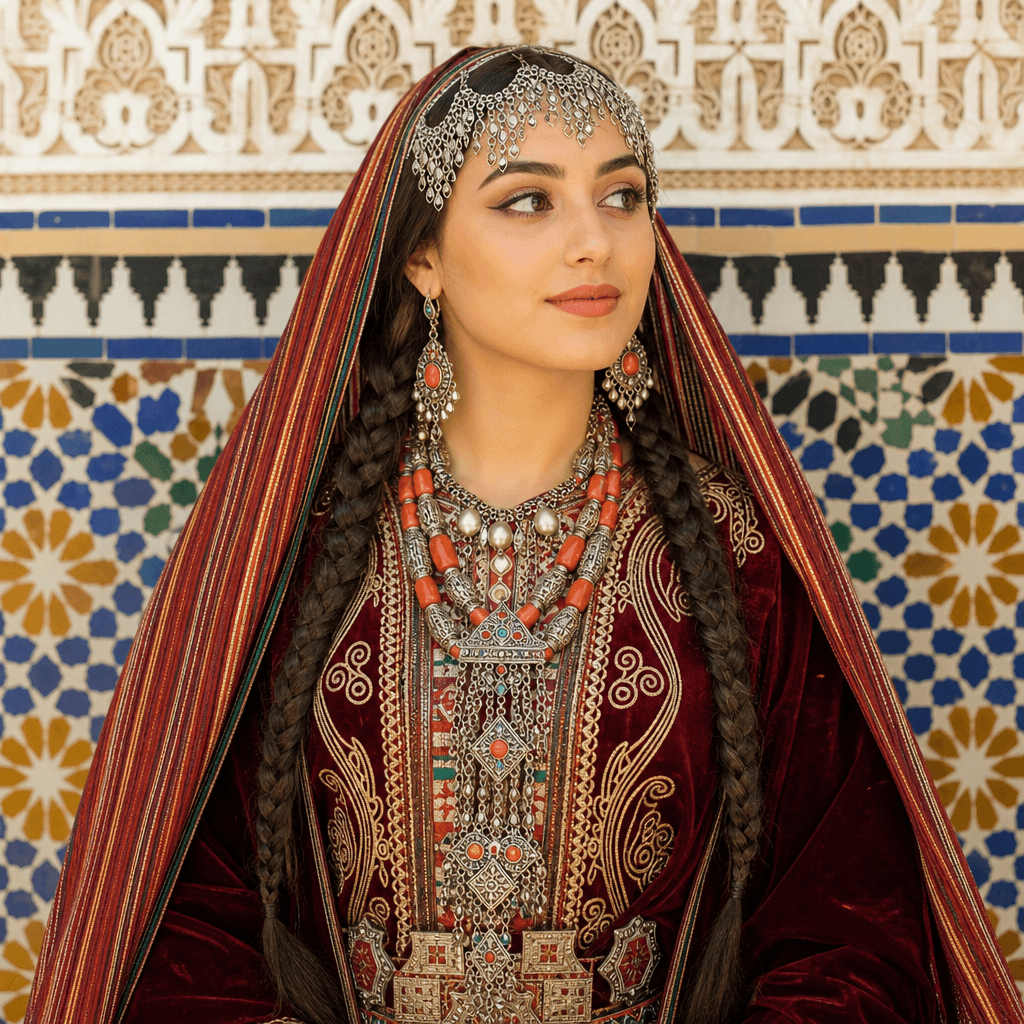Person in authentic Middle Eastern or North African folk costume, traditional dress with intricate patterns and embroide