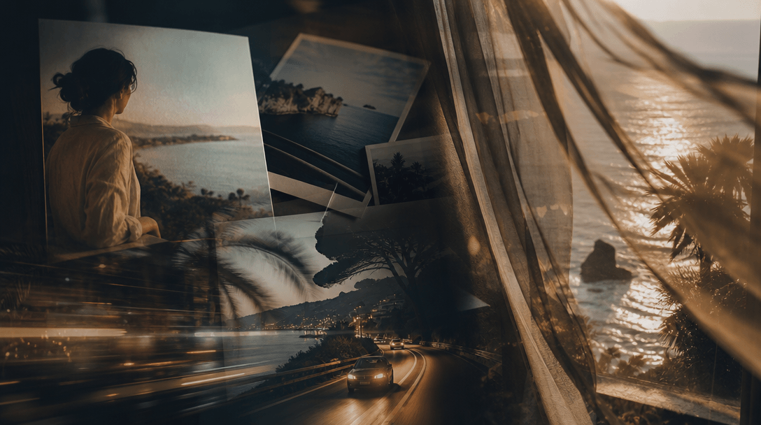 A cinematic travel memory expanding from still photographs into moving layers of ocean light, drifting curtains, road re