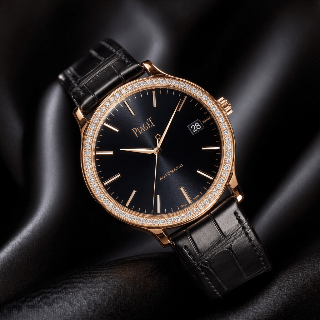 Luxury dress watch on silk fabric, diamond light reflection, dark moody background, jewelry showcase lighting, professio