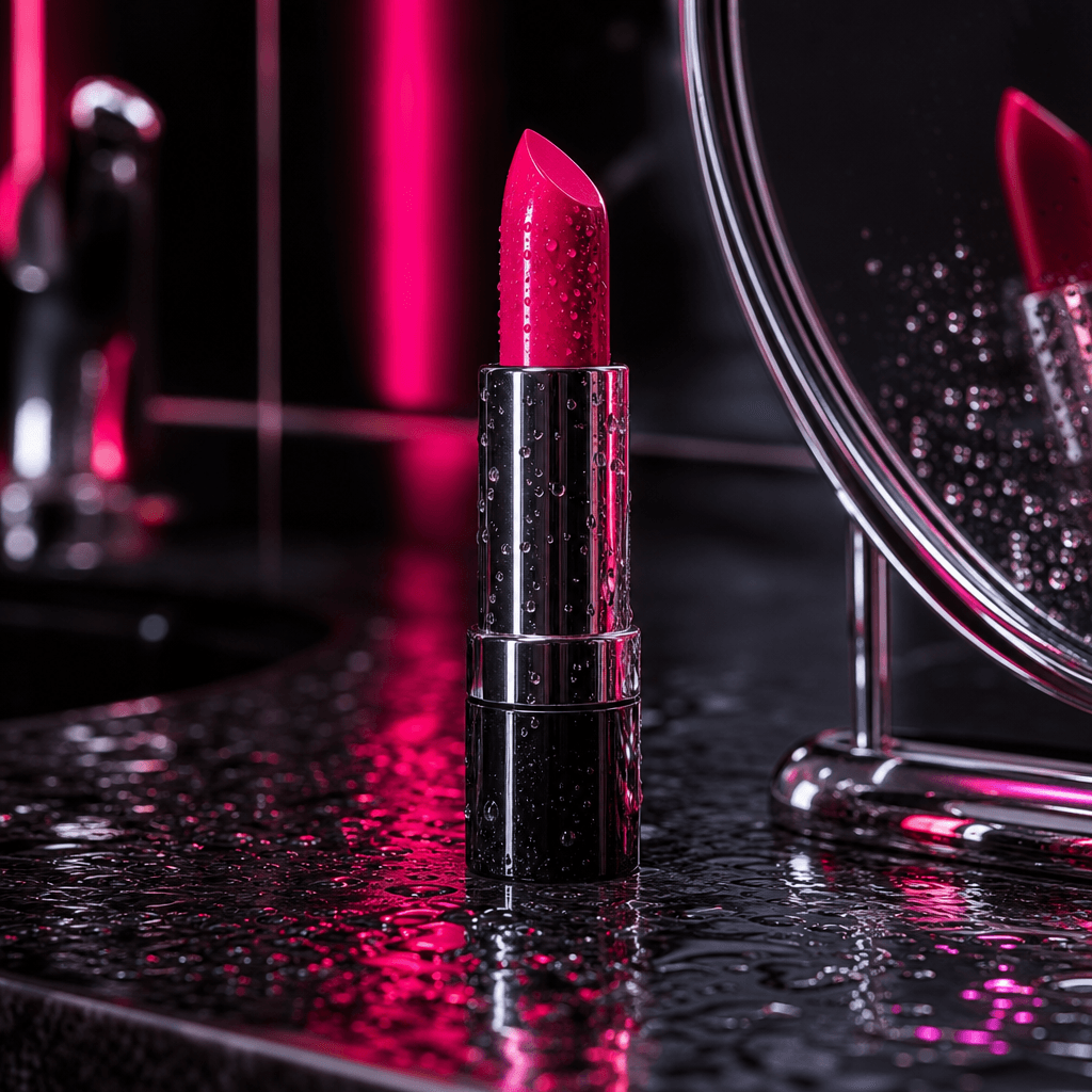 A vivid lipstick standing on a wet black bathroom counter surrounded by playful water droplets and a curved chrome mirro