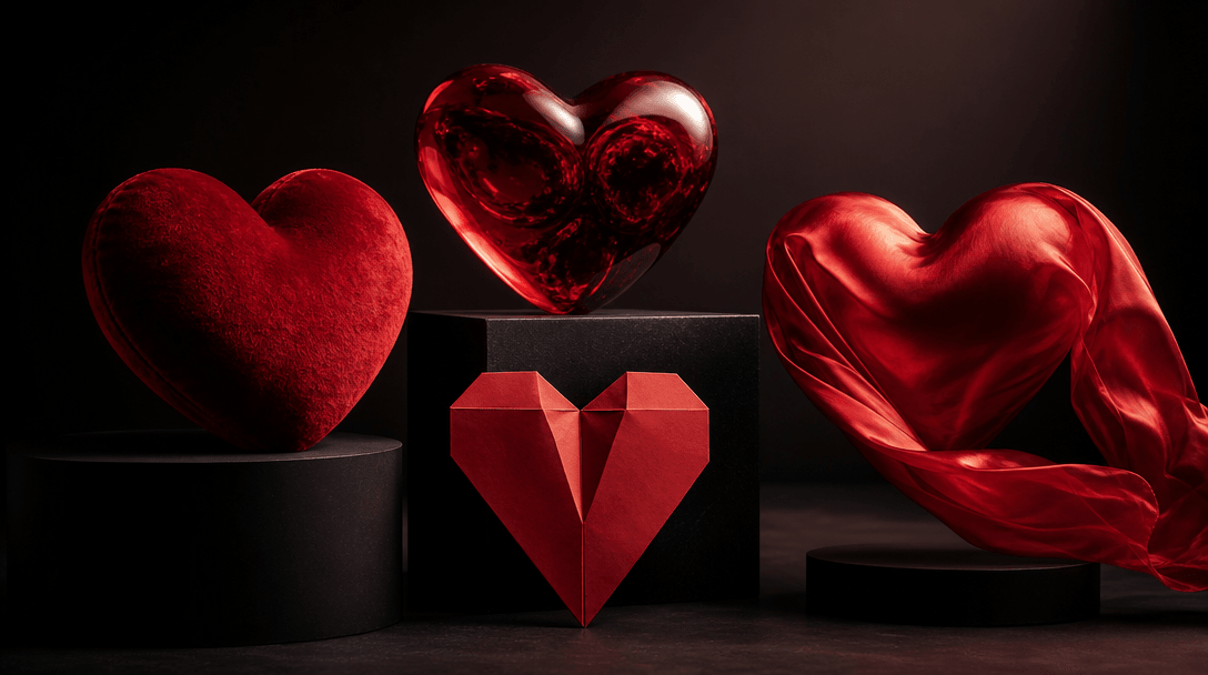 One crimson heart form interpreted across several physical materials arranged in a dark studio: plush fabric, polished r