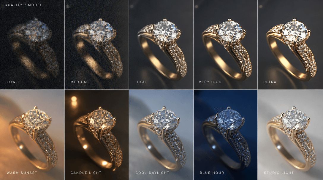 Abstract visualization of multiple rendering quality levels or AI model outputs, split-screen style, warm and cool light