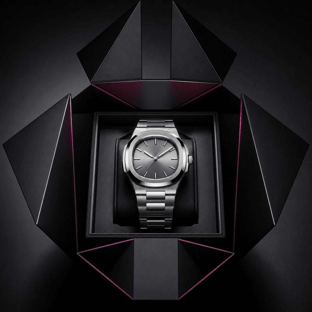 A polished silver wristwatch revealed inside a geometric dark presentation box, with folded panels framing the product l