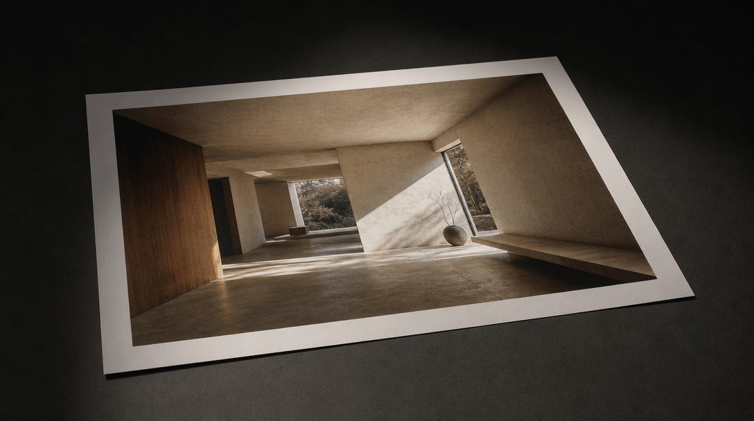 A single large-format interior architectural photograph lying flat on a dark matte surface, lit by a focused directional