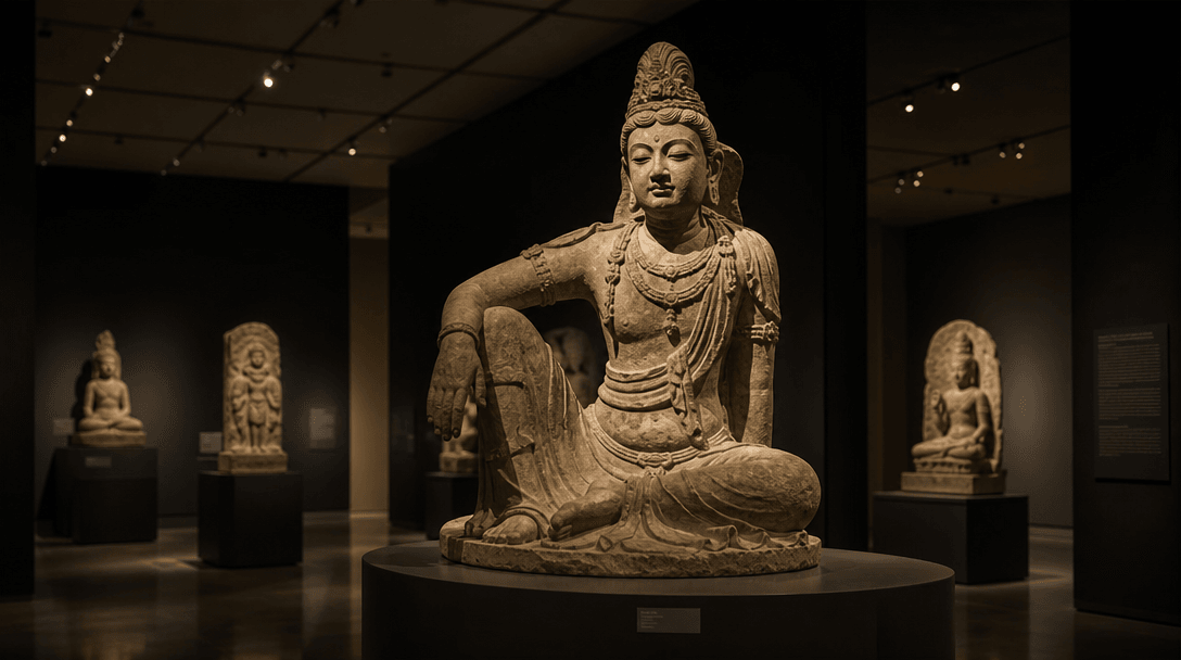 Professional museum exhibition lighting setup on sculpture, dramatic shadows on stone surface, gallery ambiance, cinemat