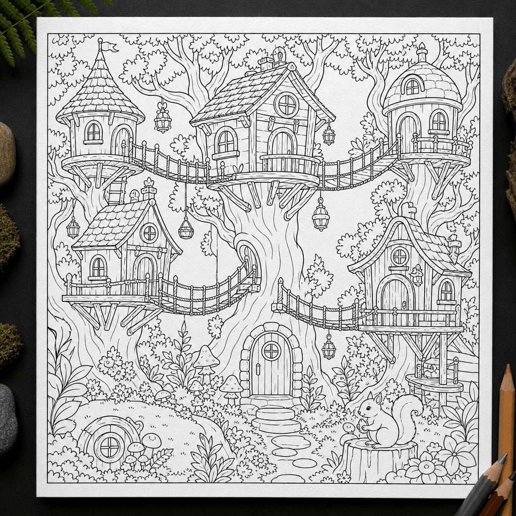 Square black-and-white coloring book page featuring an enchanted treehouse village connected by rope bridges, whimsical 