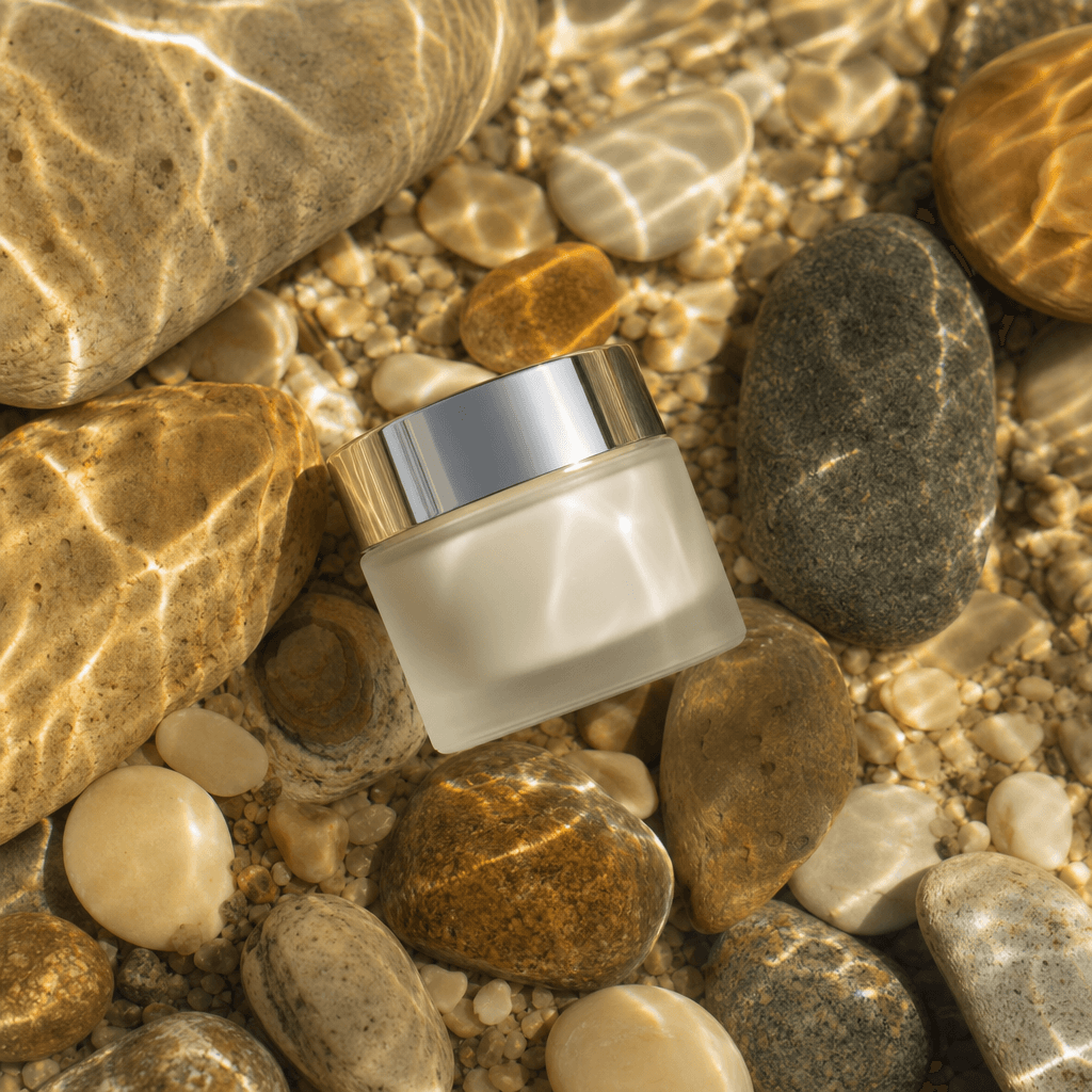 A sleek frosted moisturizer bottle resting in shallow crystal-clear lake water, smooth natural pebbles arranged around i
