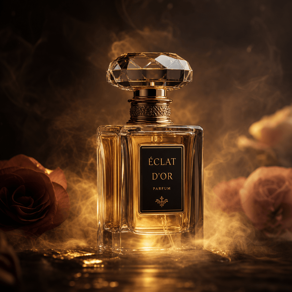 Premium perfume bottle emerging from soft mist and golden light, luxurious fragrance presentation, romantic atmosphere, 