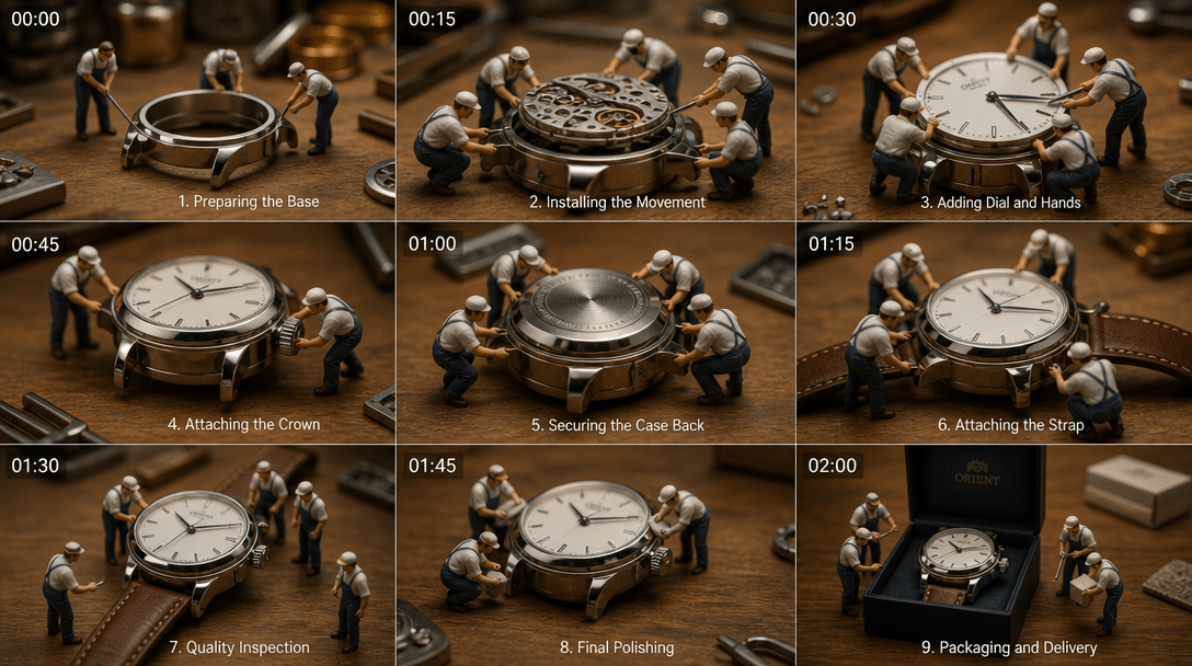 Time-lapse of tiny workers assembling product details with precision, intricate hand movements, warm professional lighti