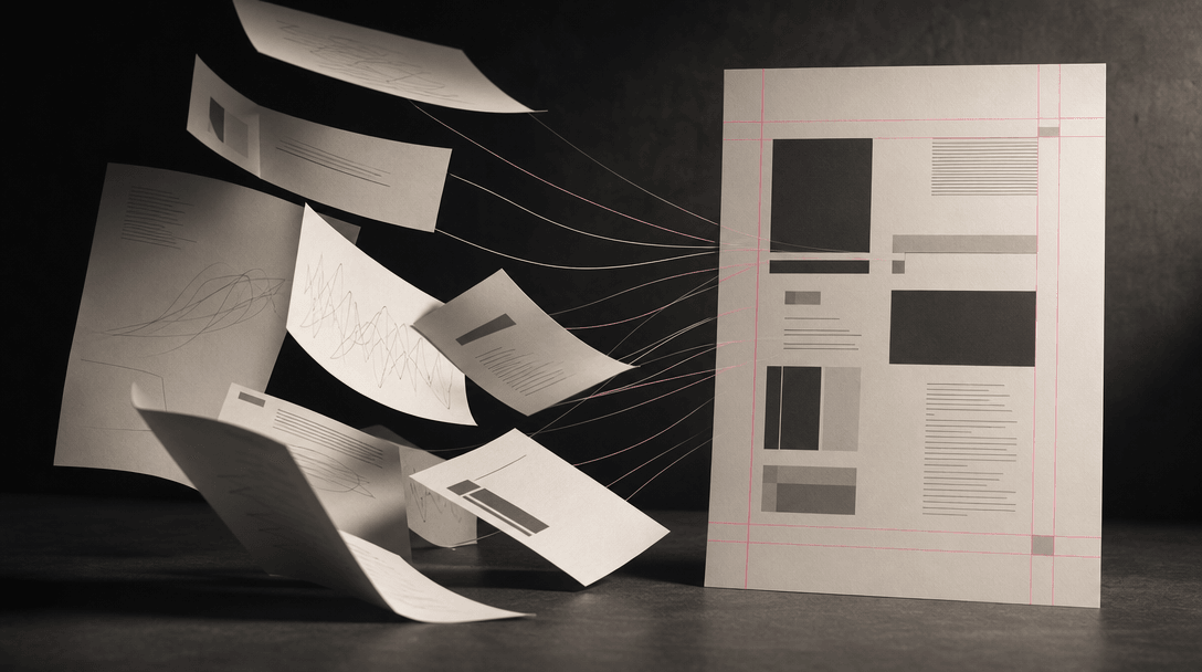 Loose sheets containing abstract lines and fragmented geometric blocks flowing into one precisely aligned editorial page