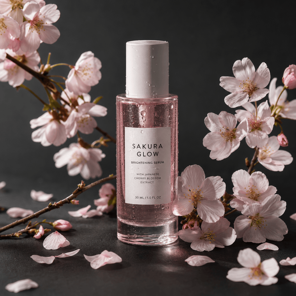 A cylindrical glass skincare serum bottle surrounded by fresh cherry blossom branches and scattered pale pink petals on 