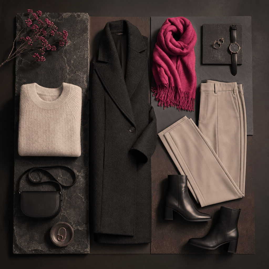 A seasonal capsule wardrobe arranged in a precise square planner composition, featuring a soft knit, long coat, neutral 