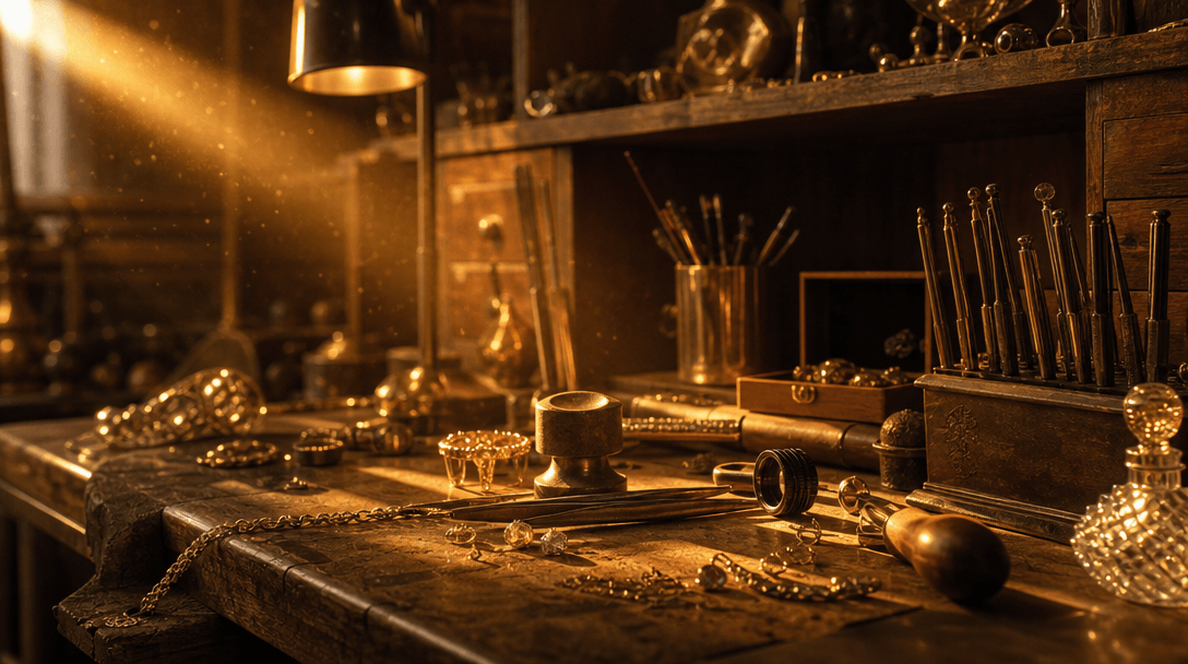 Warm amber studio light rays through particles, luxurious golden color grading, professional lighting setup, jeweler's w
