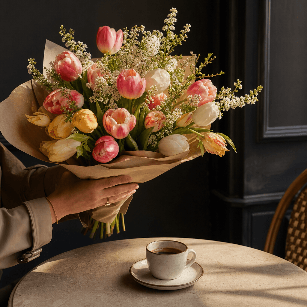 A bright spring bouquet of tulips and airy white flowers held above a small espresso cup in an intimate corner café. Dar