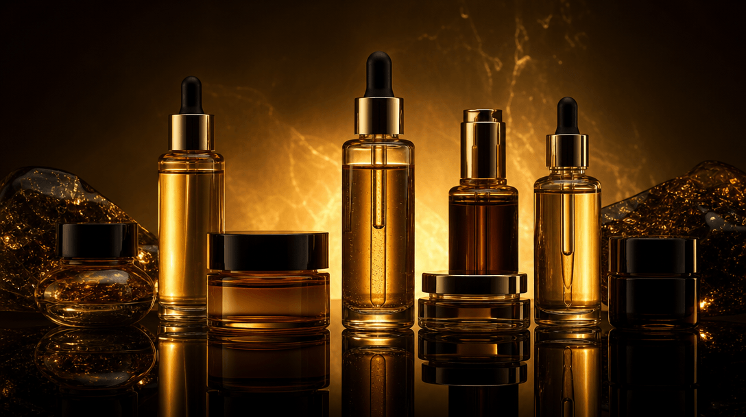 A carefully composed row of glass beauty containers — serums, oils, small jars — each reflected in a polished obsidian s