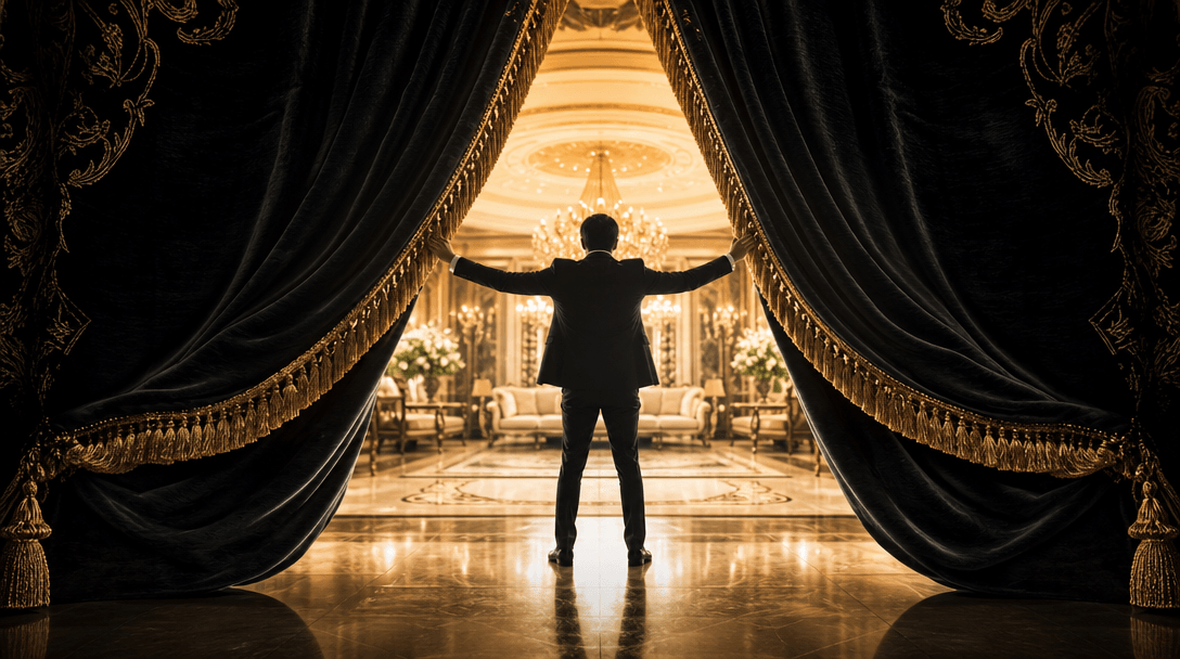Cinematic moment of heavy luxury curtains mid-drop revealing a stunning transformed interior space beyond, dramatic silh